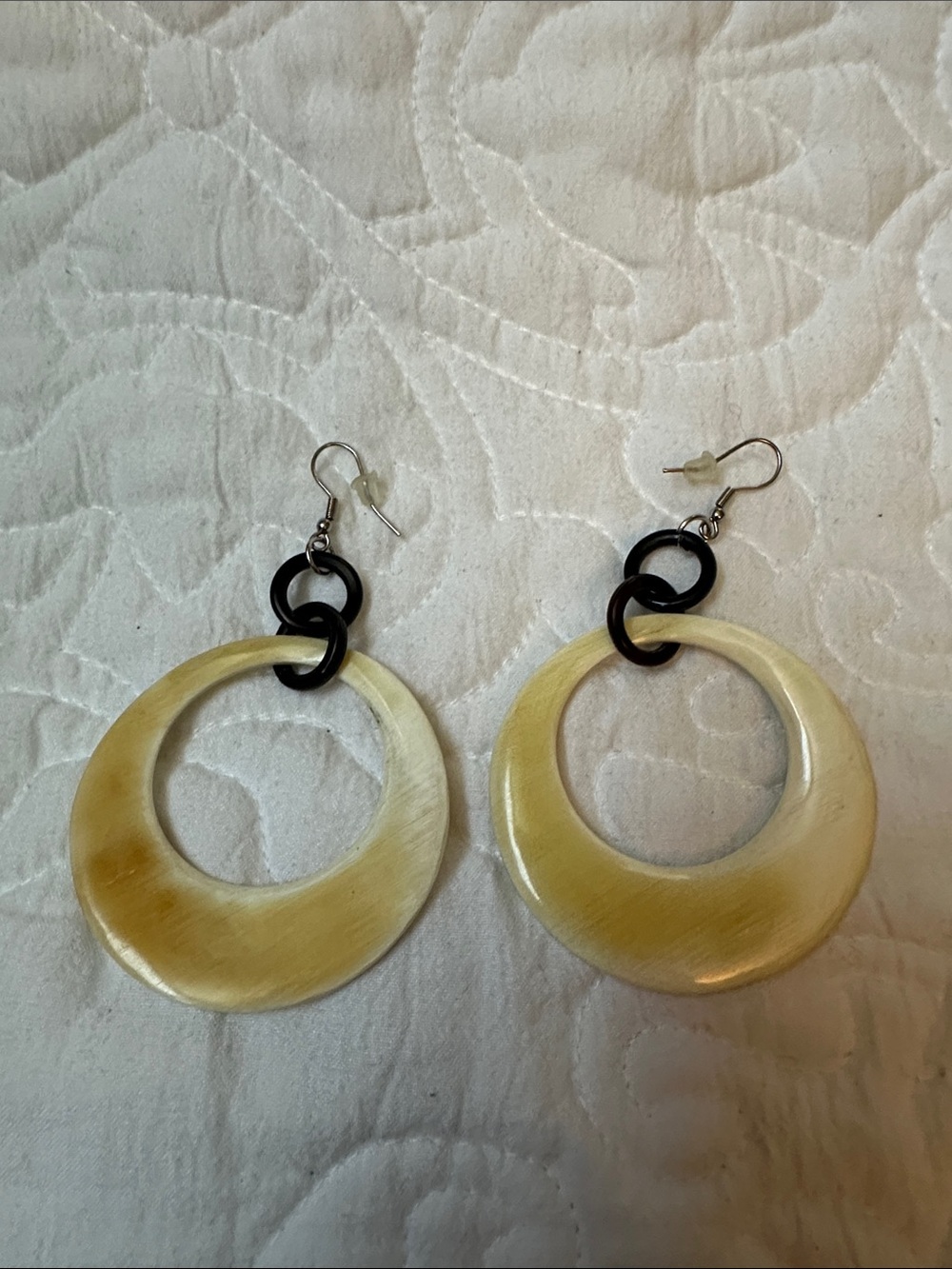 Cream Hoop Drop Earrings with Black Link Accents